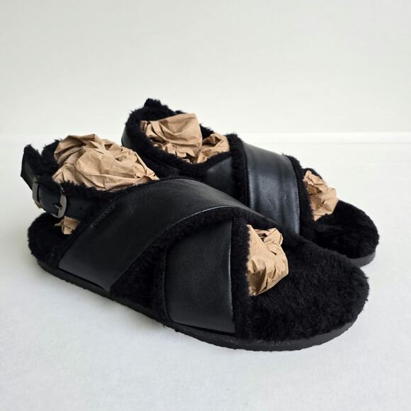 Faux Fur Sandals Seychelles No Such Thing Size 7 Black Leather Slipper Slingback - Picture 2 of 13